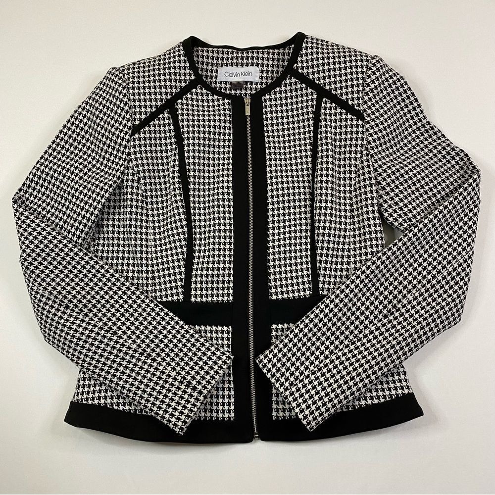 Calvin Klein Blazer Women's 4 Houndstooth Full Zip Academia Business Casual